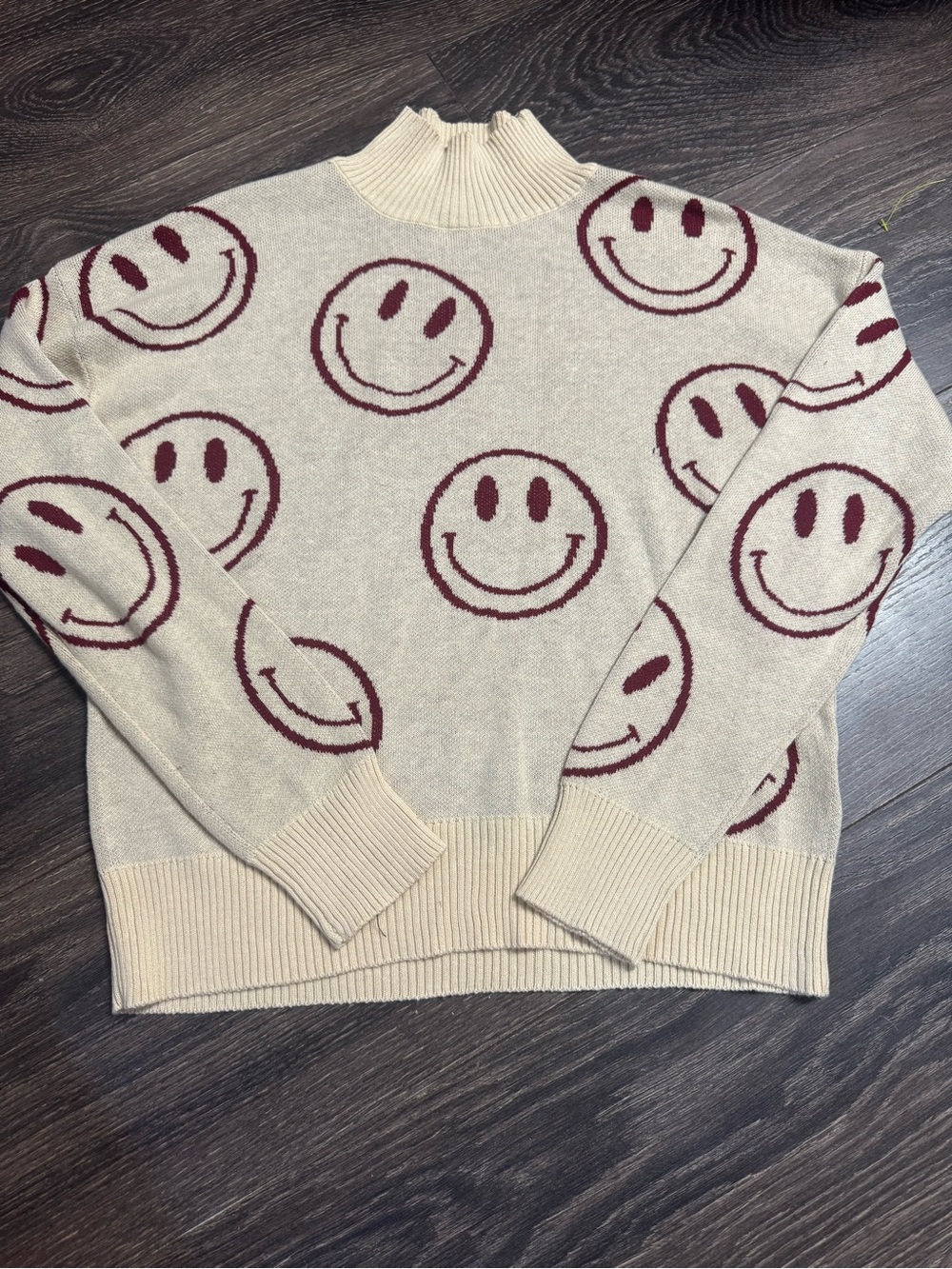 Nikkak Cream Smiley Face Knit Sweater with Burgundy Accents